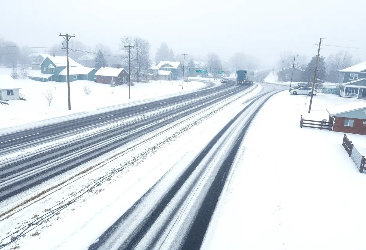 Impact of winter storm on a neighborhood with snow-covered roads and trees.