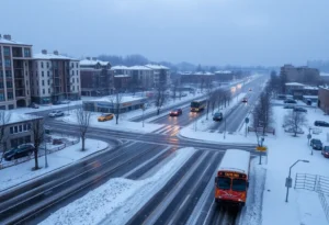 City street covered in snow and ice due to severe winter storm