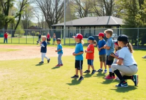 Children participating in a youth baseball and softball training camp.