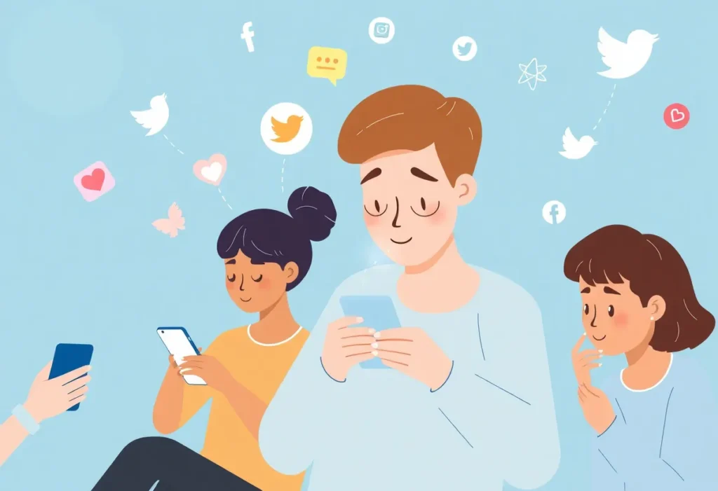 Youth engaging with smartphones amidst social media icons