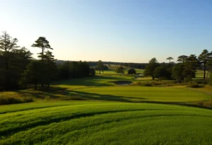 Close-up of a beautiful golf course with manicured greens and blue skies