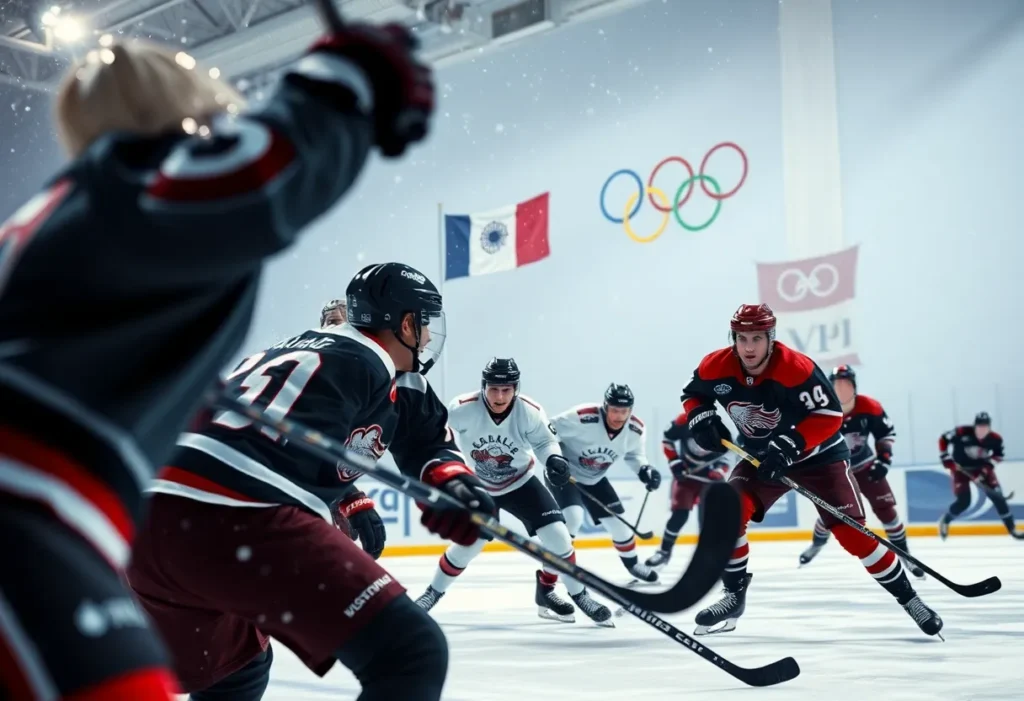 Ice hockey players compete at the 2026 Winter Olympics in Milan-Cortina.