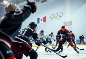 Ice hockey players compete at the 2026 Winter Olympics in Milan-Cortina.