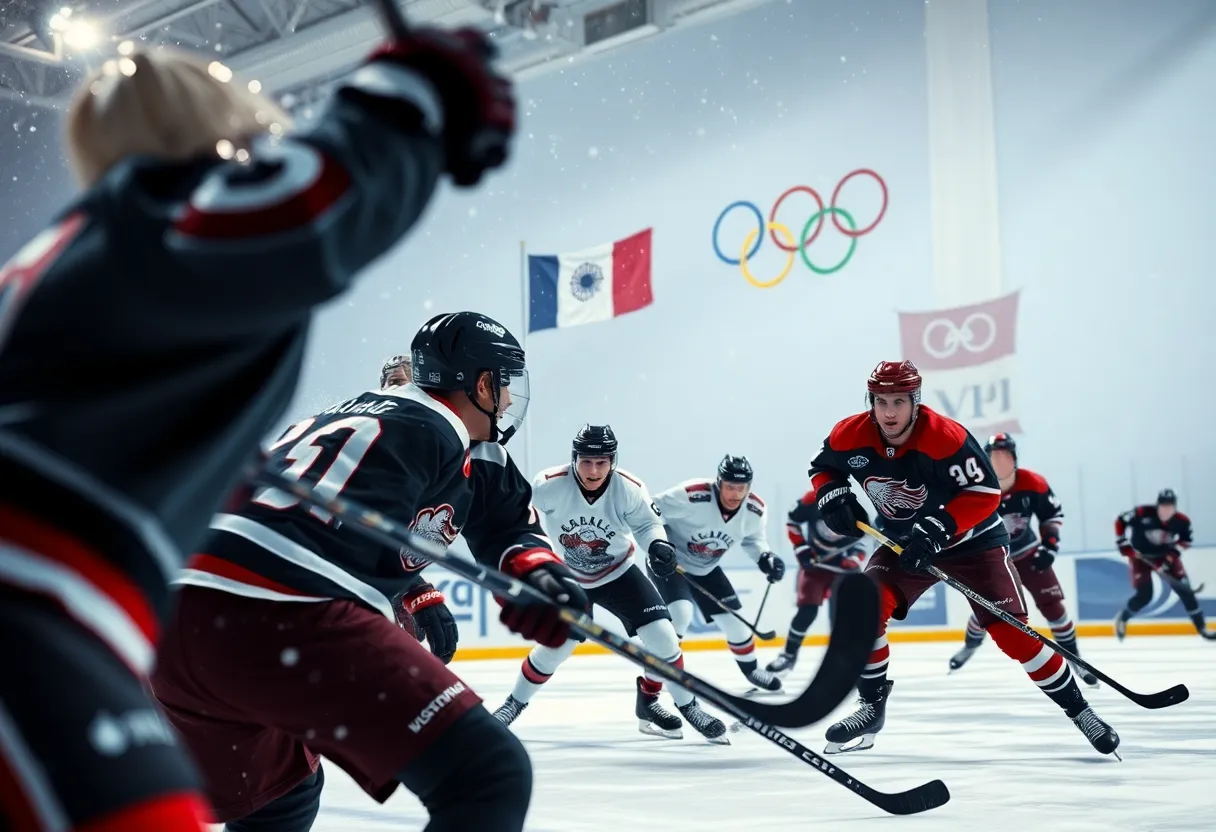 Ice hockey players compete at the 2026 Winter Olympics in Milan-Cortina.