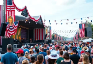 Celebration scene from the All-American Halftime Show with a vibrant crowd and festive atmosphere.