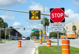 Traffic signs and roadworks at Beach Boulevard indicating proposed modifications.