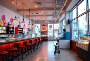 Interior of Ben & Jerry's ice cream scoop shop with cozy seating