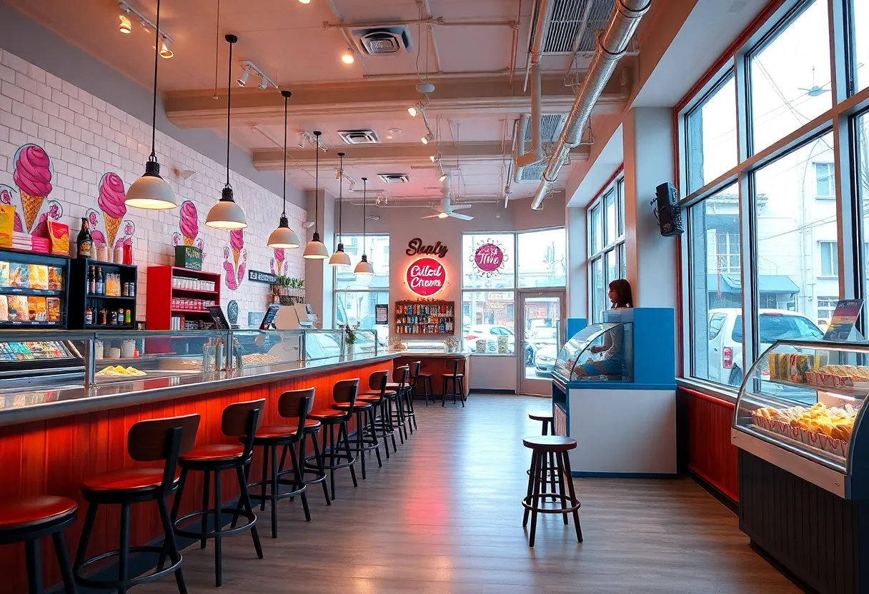 Interior of Ben & Jerry's ice cream scoop shop with cozy seating