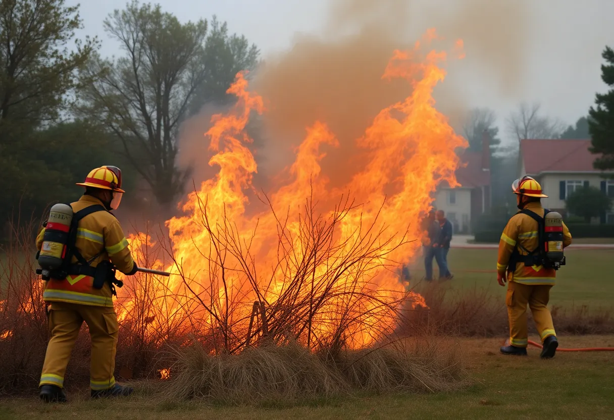Firefighters battling a brush fire on university property.