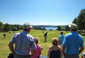 Participants enjoying a celebrity golf tournament at a scenic golf course