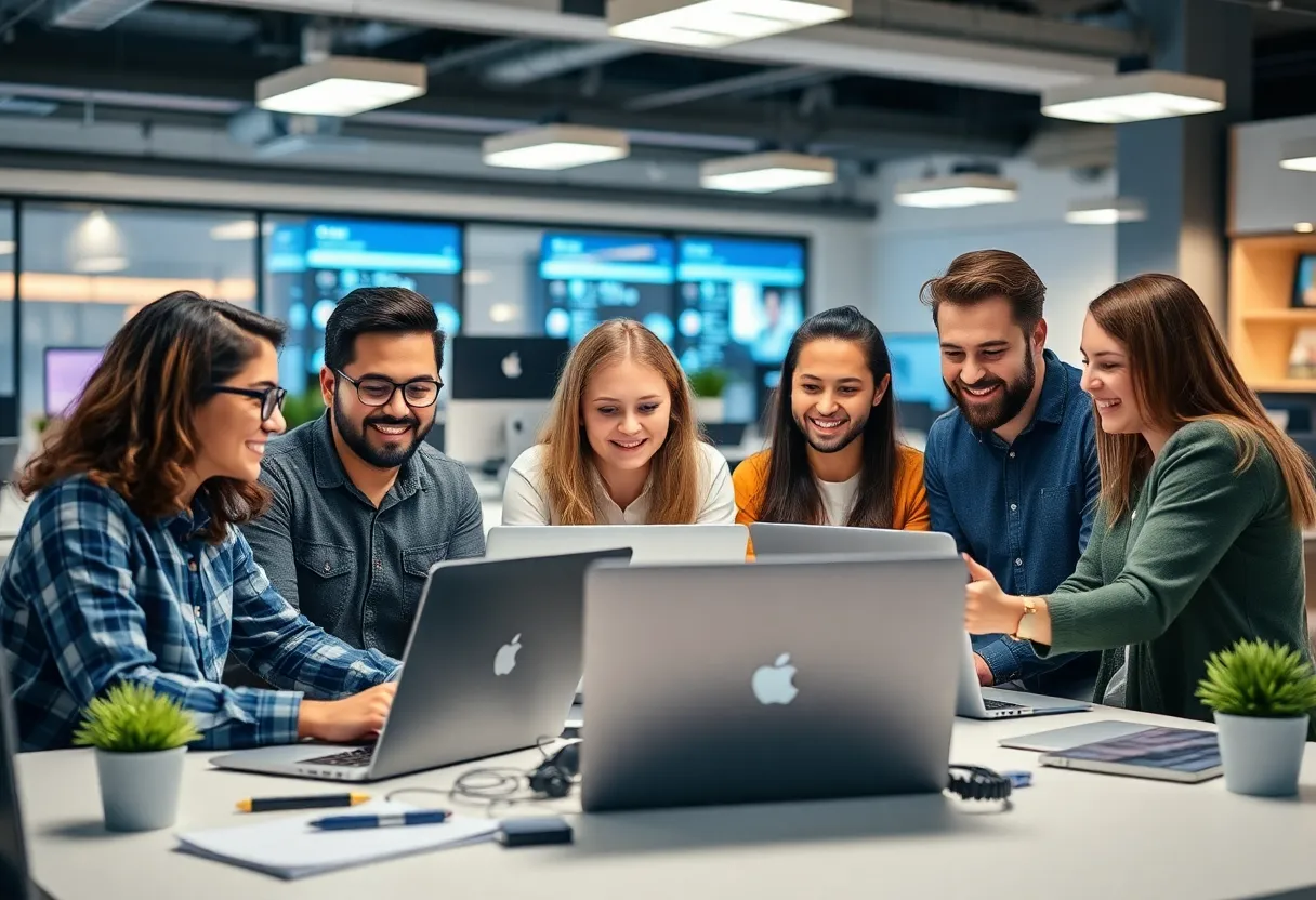 Group of developers working on laptops in a tech workspace
