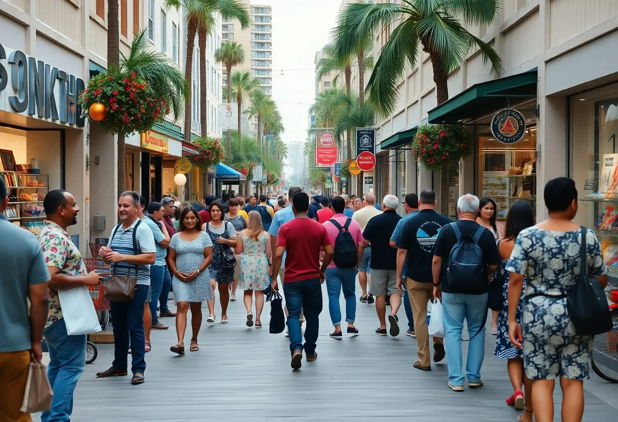 A street scene in Jacksonville depicting various income groups and consumer activity.