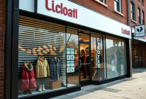 Closed Eddie Bauer store front featuring outdoor apparel displays