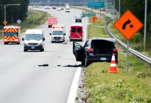 Accident scene on I-10 with emergency responders and construction signs