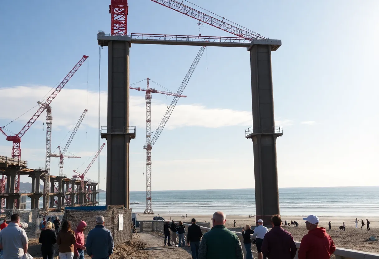 Construction of Flagler Beach Pier with cranes and ocean in the background