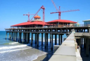 Ongoing reconstruction of Flagler Beach Pier with cranes and workers