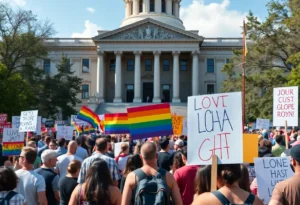 Protesters holding signs supporting LGBTQ+ rights outside Florida State Capitol