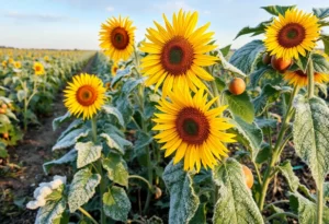 Frost-covered crops in Clermont, Florida, showing the effects of a recent freeze.