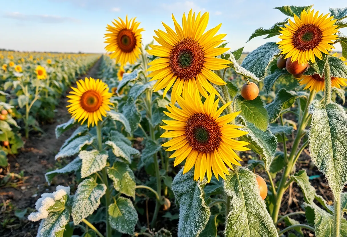 Frost-covered crops in Clermont, Florida, showing the effects of a recent freeze.
