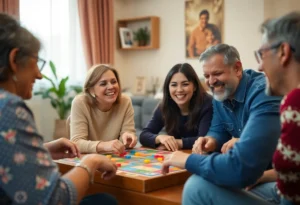 A family playing the board game Relative Insanity together, enjoying a fun and laughter-filled moment.