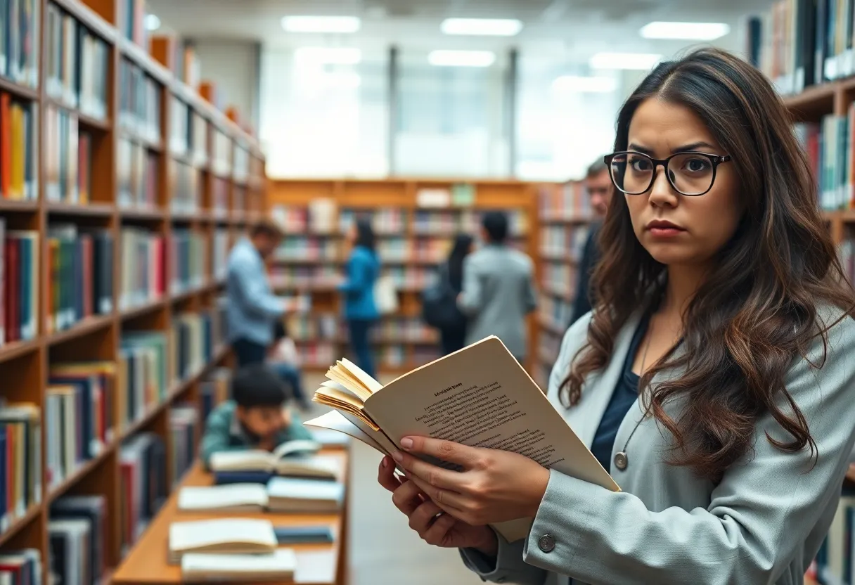 Library scene highlighting issues of censorship related to Georgia Bill 74