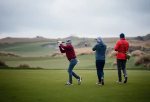Golfers playing in challenging weather conditions at a tournament.