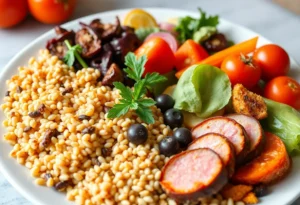A colorful selection of healthy foods including quinoa, vegetables, and lean proteins.