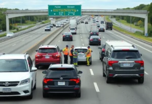 Emergency responders at a hit-and-run accident scene on I-295 ramp.