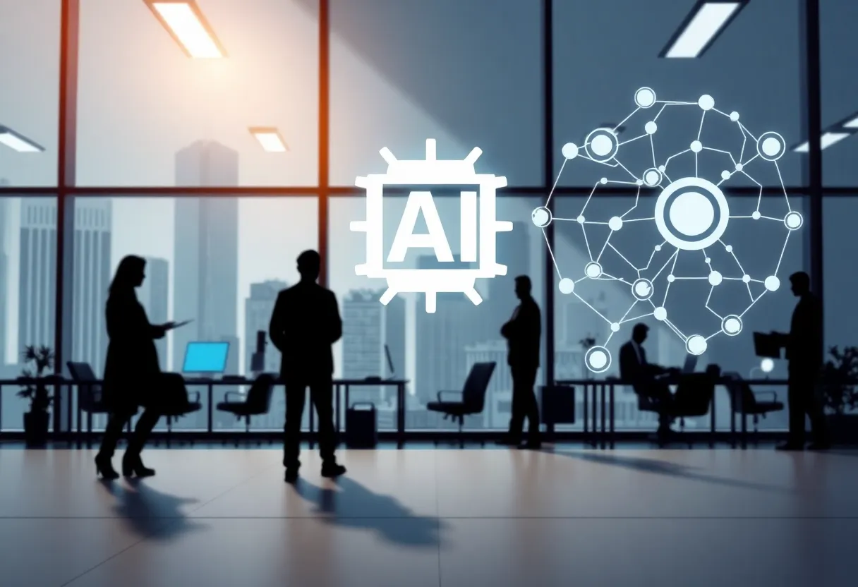 Symbolic representation of AI affecting workforce in a corporate setting.