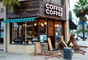 Repair work at Biggby Coffee location in Jacksonville after severe winter weather damage