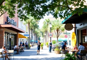 A vibrant scene of Jacksonville's breakfast and burger restaurants with people dining.