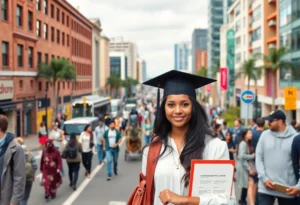 Jacksonville skyline with students discussing federal student loans