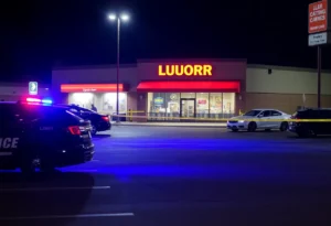 Police lights flashing at a liquor store parking lot after a shooting incident