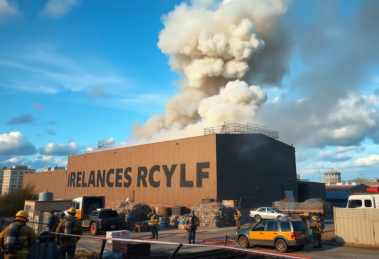 Firefighters combating a fire at a recycling plant in Jacksonville.
