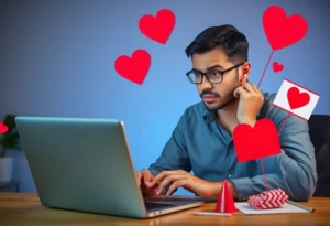 Individual concerned about romance scams while using a laptop