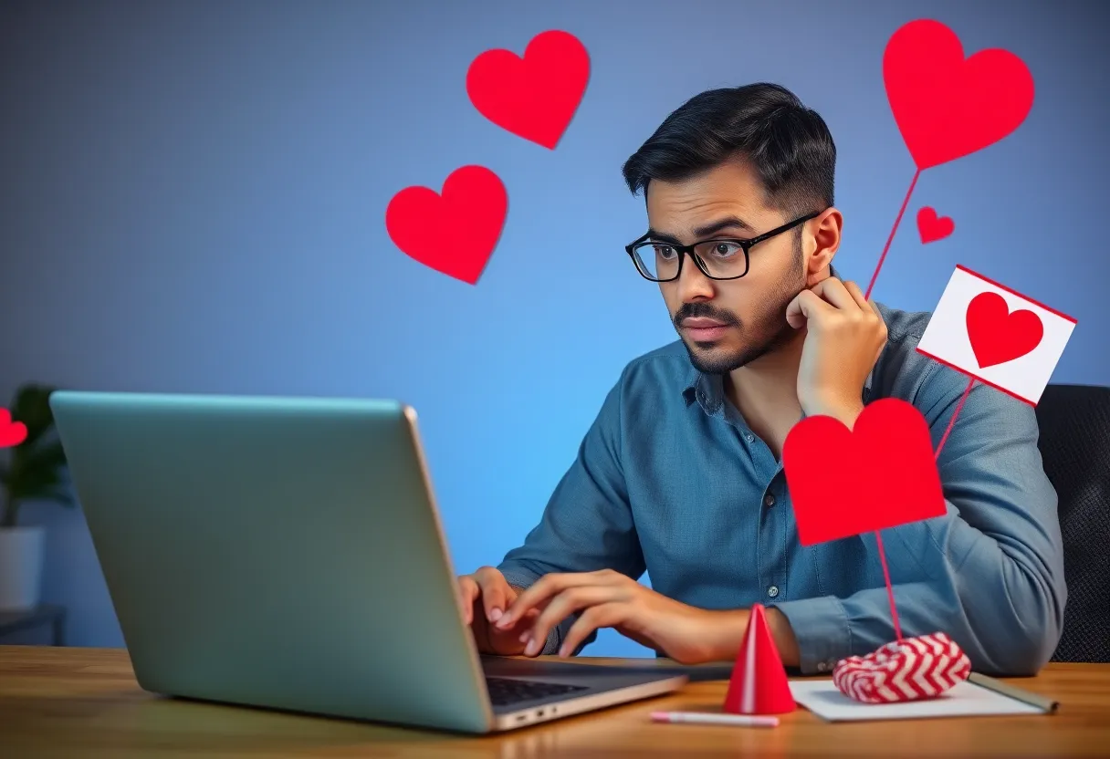 Individual concerned about romance scams while using a laptop