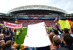 Fans celebrating at Super Bowl LX in a dynamic atmosphere.