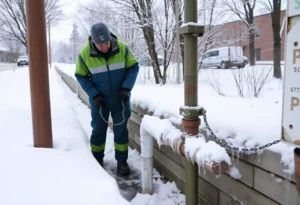 Utility worker assisting with frozen pipes during a cold snap in Jacksonville