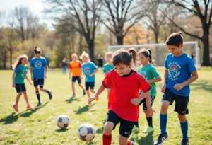 Children participating in a football camp led by professionals.