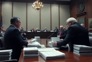 Courtroom scene representing the legal battle over election records.