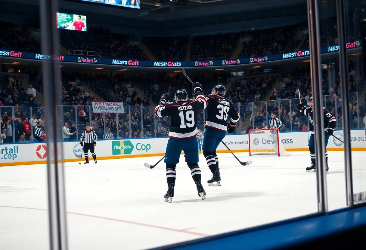 Nathan MacKinnon celebrating a goal with teammates during a hockey match.