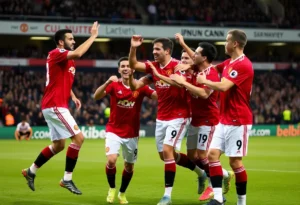 Manchester United soccer players celebrating after a match victory