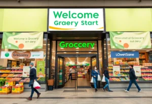 Exterior of a new Aldi grocery store with promotional banners