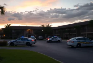 Police vehicles at the scene of a stabbing incident in Orange Park, Florida.