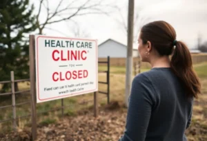 Closed health clinic sign indicating reduced access to health care services.