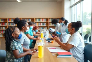 Families receiving vaccinations at a pop-up immunization clinic at a library