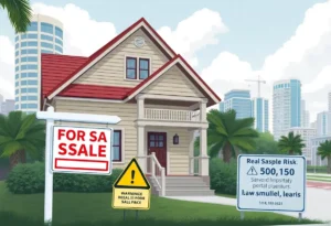 Illustration of a house for sale with warning signs about risks in real estate transactions