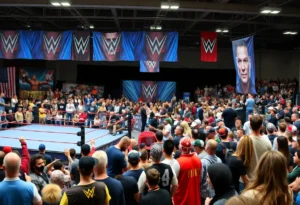 Vibrant scene from River City Wrestling Con with fans and wrestlers.