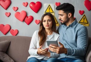 Couple discussing romance scam awareness with warning signs