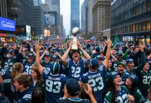 Seattle Seahawks fans celebrating in the streets after their Super Bowl victory.